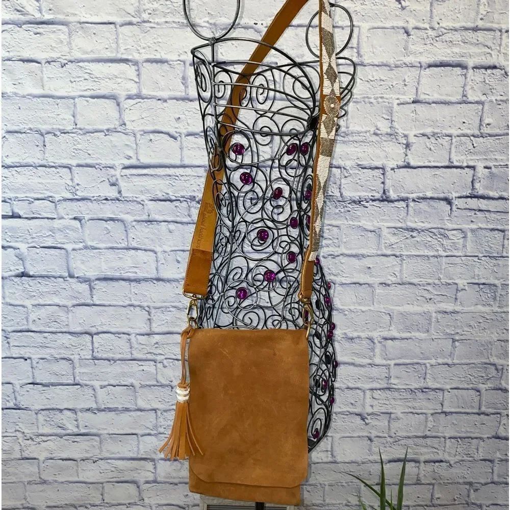 Steel feathers handmade leather beaded strap crossbody boutique